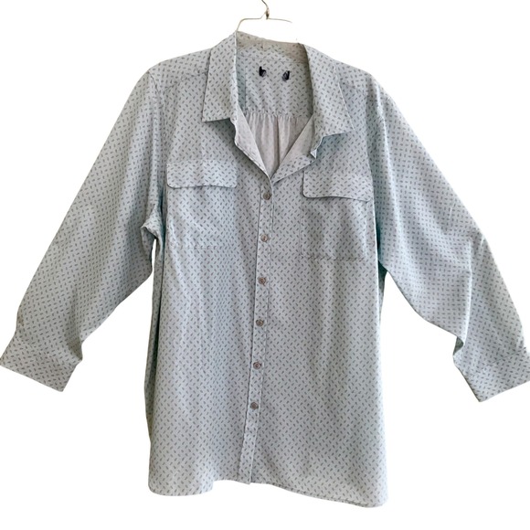 Tops - Blue Teardrop Print Long Sleeve Button Up Shirt Zip Pocket 2X Career Office Wear